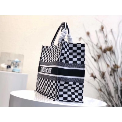 Dior Book Tote Bag In Black/White Checkered Canvas IAMBS240554