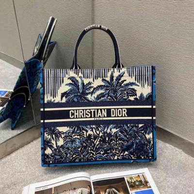 Dior Book Tote Bag In Blue Dior Palms Embroidery IAMBS240558