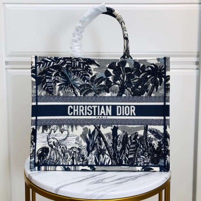 Dior Book Tote Bag In Blue Palm Tree Toile de Jouy Embroidery IAMBS240562