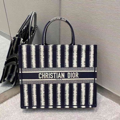 Dior Book Tote Bag In Blue Stripes Embroidery IAMBS240563