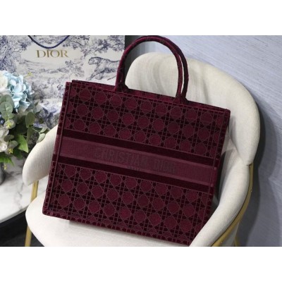 Dior Book Tote Bag In Bordeaux Cannage Embroidered Velvet IAMBS240565