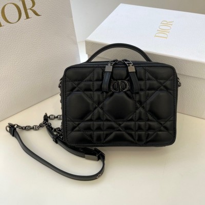 Dior Caro Box Bag with Chain in Black Macrocannage Calfskin IAMBS240753