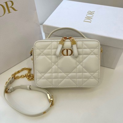 Dior Caro Box Bag with Chain in White Macrocannage Calfskin IAMBS240754