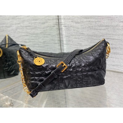 Dior Diorstar Hobo Bag with Chain in Black Crinkled Calfskin IAMBS240838