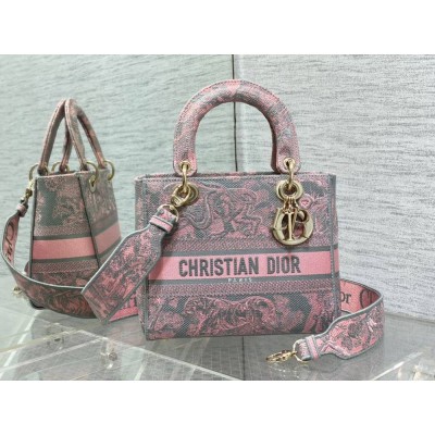Dior Lady D-Lite Medium Bag in Grey and Pink Toile de Jouy Reverse Embroidery IAMBS241003