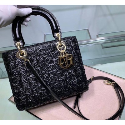 Dior Lady Dior Medium Bag In Black Wavy Crinkled Lambskin IAMBS240842