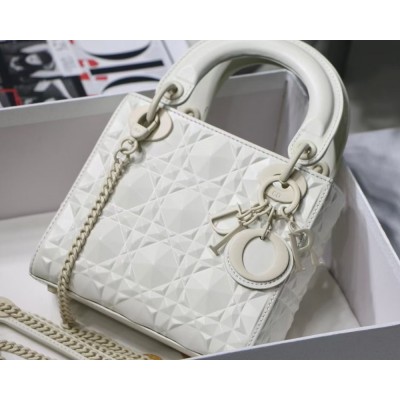 Dior Lady Dior Mini Bag In White Calfskin with Diamond Motif IAMBS240848