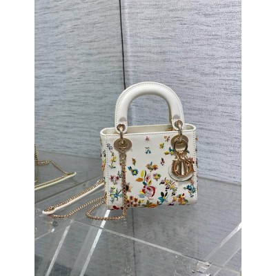 Dior Lady Dior Mini Bag in White Calfskin with Multicolor Small Flowers IAMBS240849