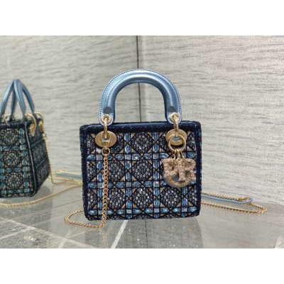Dior Lady Dior Mini Chain Bag in Satin with Blue Bead Embroidery IAMBS241081