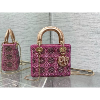 Dior Lady Dior Mini Chain Bag in Satin with Pink Resin Pearl Embroidery IAMBS241082
