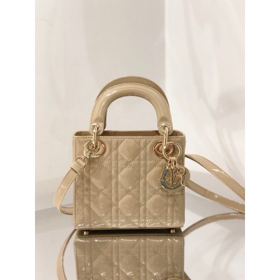 Dior Lady Dior Mini Chain Bag with Chain in Aesthetic Beige Patent Calfskin IAMBS241084