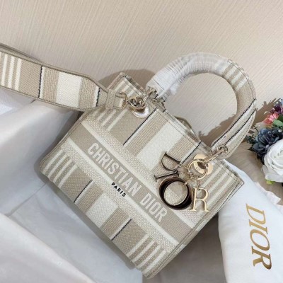 Dior Medium Lady D-Lite Bag In Beige Stripes Embroidery IAMBS241013