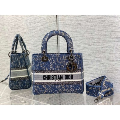 Dior Medium Lady D-Lite Bag In Blue Brocart Denim-Effect Embroidery IAMBS241018