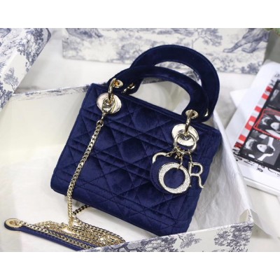 Dior Mini Lady Dior Chain Bag In Blue Velvet IAMBS240812