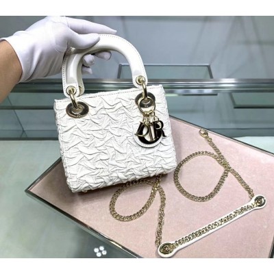 Dior Mini Lady Dior Chain Bag In White Wavy Crinkled Lambskin IAMBS240813