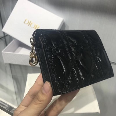 Dior Mini Lady Dior Wallet In Black Patent Leather IAMBS241280