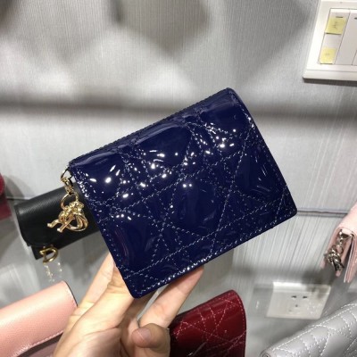 Dior Mini Lady Dior Wallet In Indigo Blue Patent Leather IAMBS241282