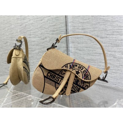 Dior Saddle Bag In Beige Jute Canvas with Dior Union Motif IAMBS241149