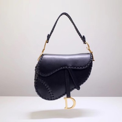 Dior Saddle Bag In Black Calfskin With Threaded Edges IAMBS241153