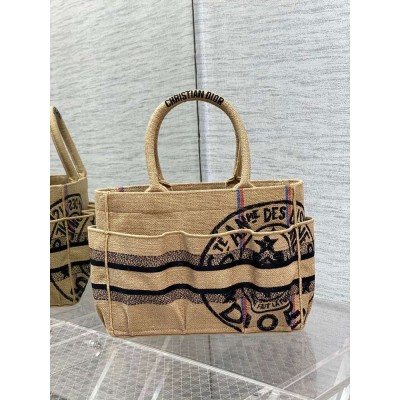 Dior Small Catherine Tote Bag In Beige Jute Canvas with Union Motif IAMBS241252