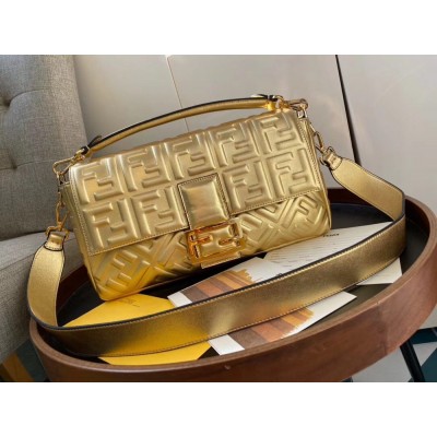 Fendi Baguette Large Bag In Gold Lambskin With FF Motif IAMBS241339