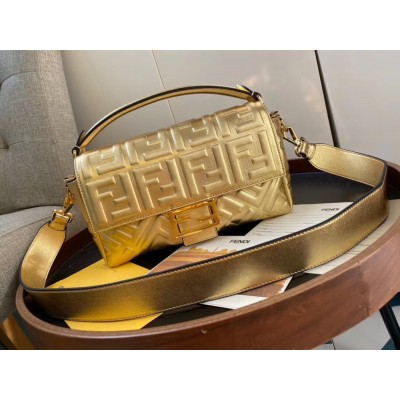 Fendi Baguette Medium Bag In Gold Lambskin With FF Motif IAMBS241341