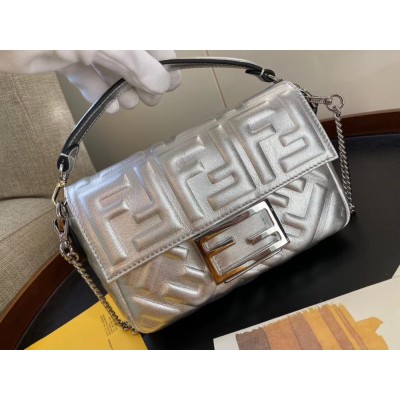 Fendi Baguette Mini Bag In Silver Lambskin With FF Motif IAMBS241343