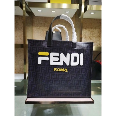 Fendi Black Glazed Fabric Shopper White Logo Bag IAMBS241587