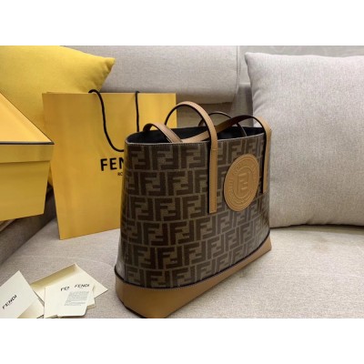 Fendi Logo Shopper Bag In Glazed Fabric With Tan Leather IAMBS241595