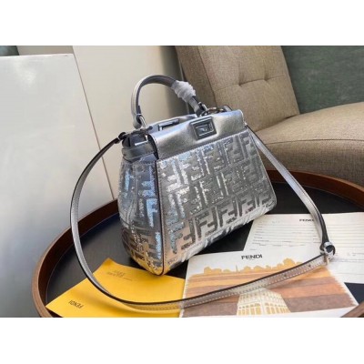 Fendi Peekaboo Mini Bag In Silver Lambskin With FF Sequins IAMBS241513
