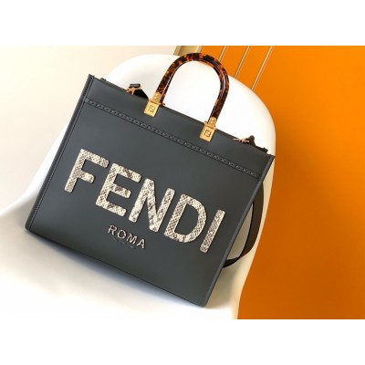 Fendi Sunshine Medium Tote Bag in Black Leather with Python Logo IAMBS241612