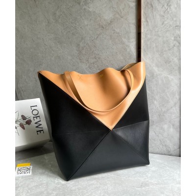 Loewe Large Puzzle Fold Tote Bag in Tan and Black Calfskin IAMBS241884