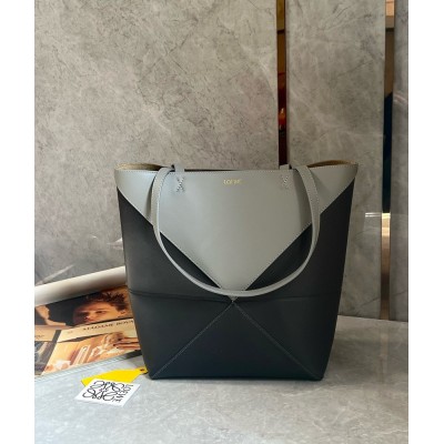 Loewe Medium Puzzle Fold Tote Bag in Grey/Dark Green Calfskin IAMBS241889