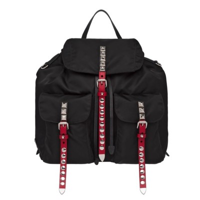 Prada Black Nylon Backpack With Red Metal Studs IAMBS241924