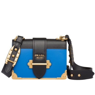 Prada Cahier Shoulder Bag In Blue Hydra /Black Leather IAMBS241937