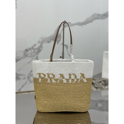 Prada Crochet Small Tote Bag in Beige/White Raffia-effect Yarn IAMBS242275