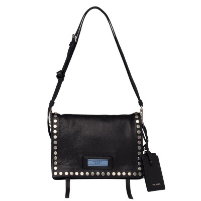 Prada Etiquette Bag In Black Calfskin With Metal Stud Trim IAMBS242034