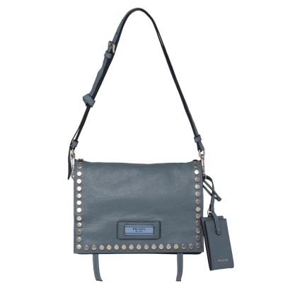 Prada Etiquette Bag In Blue Calfskin With Metal Stud Trim IAMBS242035