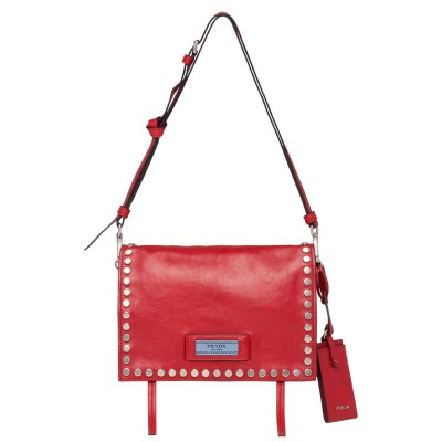 Prada Etiquette Bag In Red Calfskin With Metal Stud Trim IAMBS242038