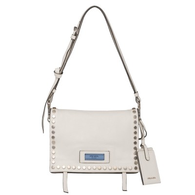 Prada Etiquette Bag In White Calfskin With Metal Stud Trim IAMBS242039