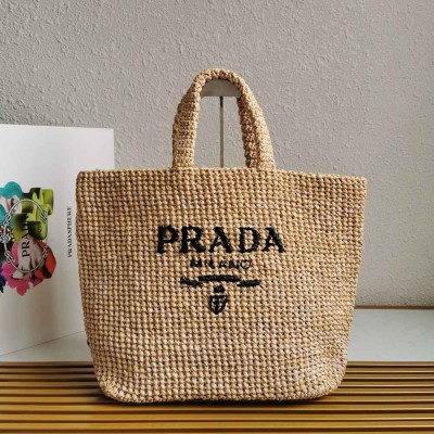Prada Large Crochet Tote Bag in Beige Raffia-effect Yarn IAMBS242280