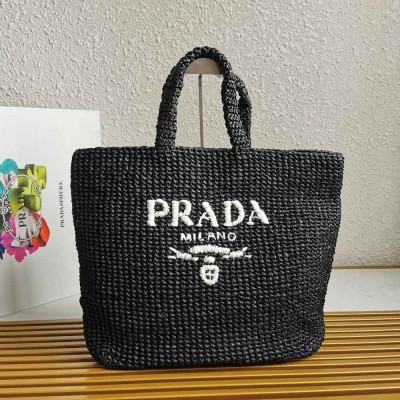 Prada Large Crochet Tote Bag in Black Raffia-effect Yarn IAMBS242281