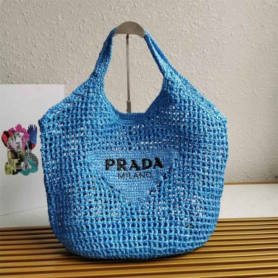 Prada Large Tote Bag In Blue Woven Raffia IAMBS242285