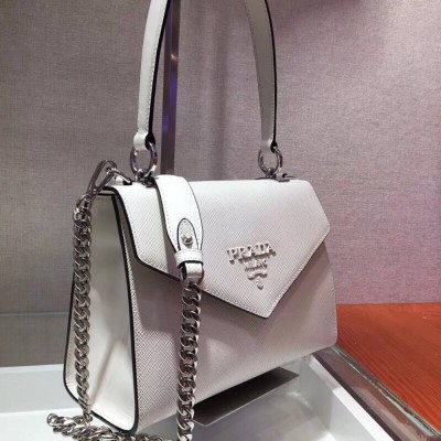 Prada Monochrome Top Handle Bag In White Saffiano Leather IAMBS242268