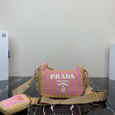 Prada Re-Edition 2005 Bag In Beige and Pink Stripe Raffia IAMBS242135