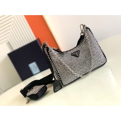 Prada Re-Edition 2005 Bag In Black Satin with Crystals IAMBS242136
