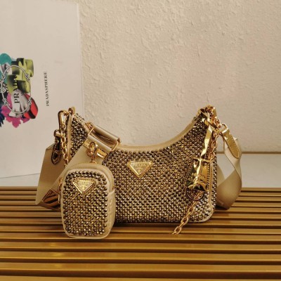 Prada Re-Edition 2005 Bag In Gold Satin with Crystal IAMBS242137
