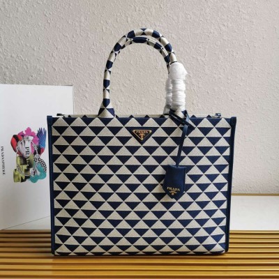 Prada Symbole Large Bag In White/Blue Jjacquard Fabric IAMBS242247