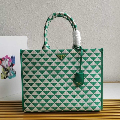 Prada Symbole Large Bag in Green and White Jacquard Fabric IAMBS242245