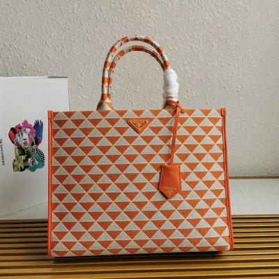 Prada Symbole Large Bag in Orange and White Jacquard Fabric IAMBS242246